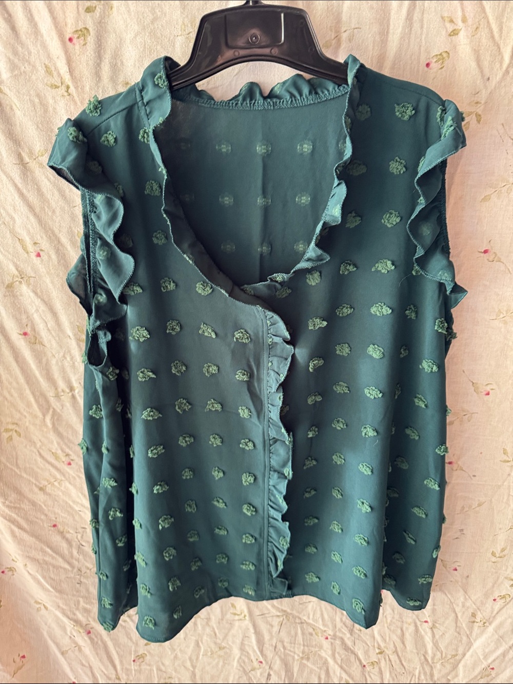 Sleeveless Teal Ruffle Trim Blouse